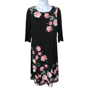 Roz & Ali‎ Dress Floral Print 3/4 Sleeve Black Pink Women's S Casual Modest
